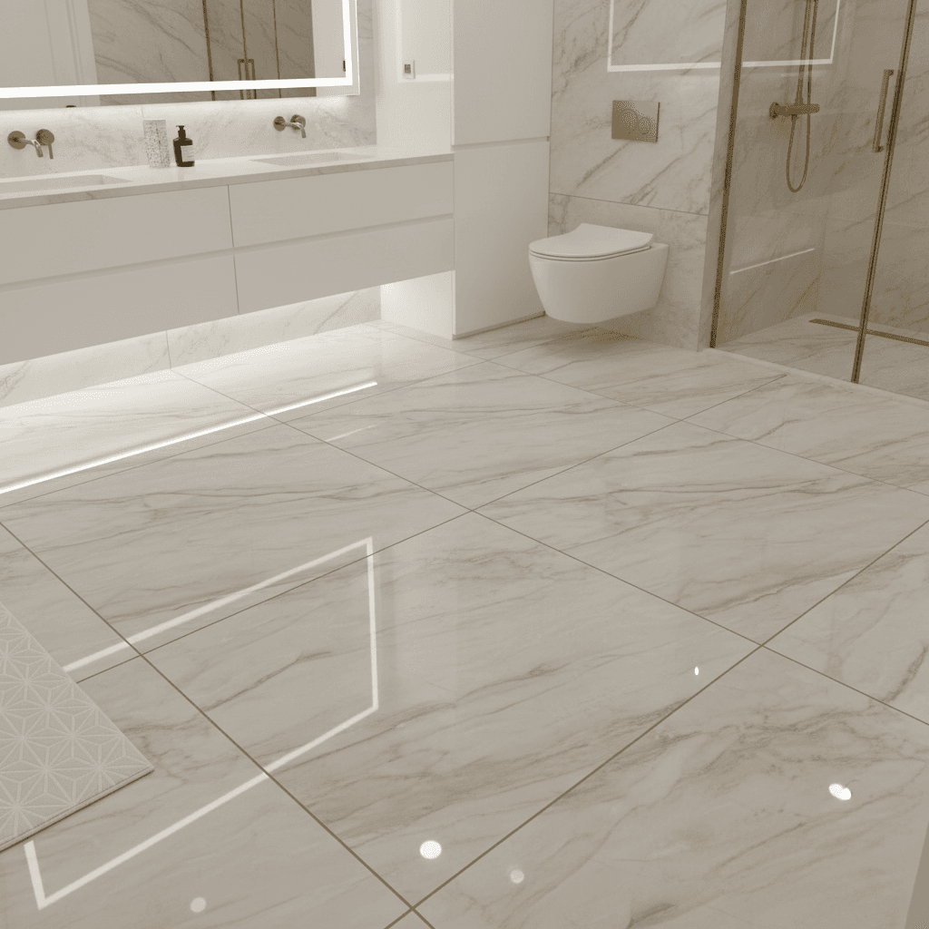 Completed bathroom floor with epoxy grout and marble-effect tiles