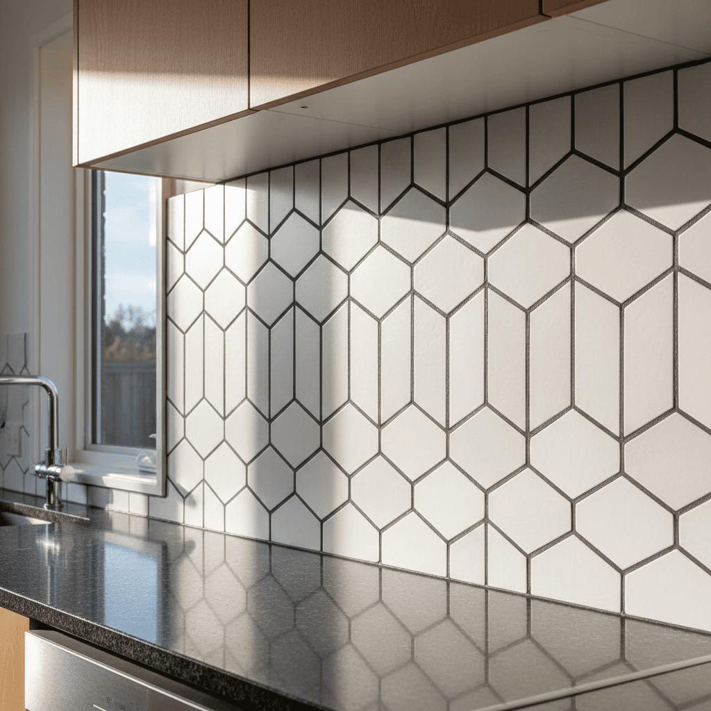 Finished kitchen backsplash with charcoal epoxy grout and geometric tiles