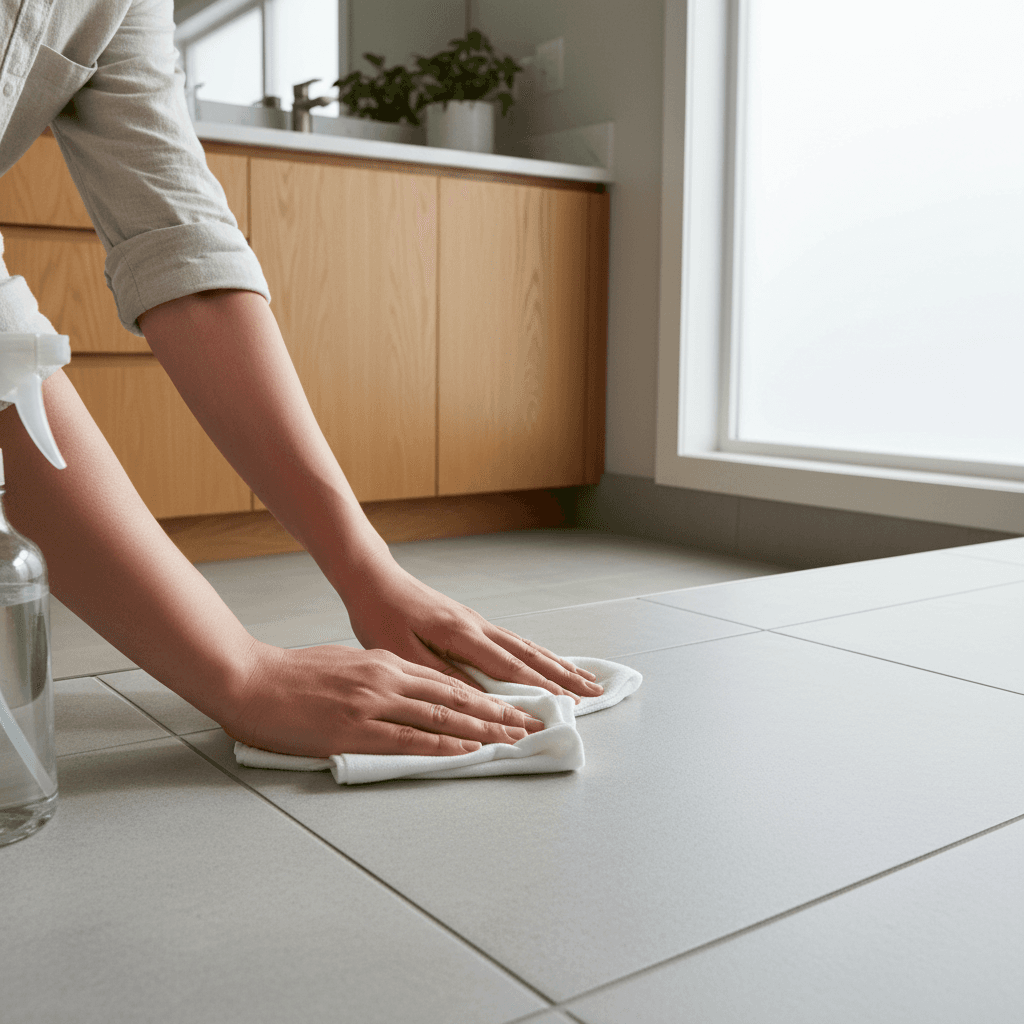 Simple maintenance of epoxy-grouted tile surface requiring minimal effort