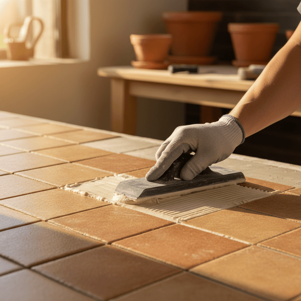 Expert epoxy grout application showing precision and uniform coverage