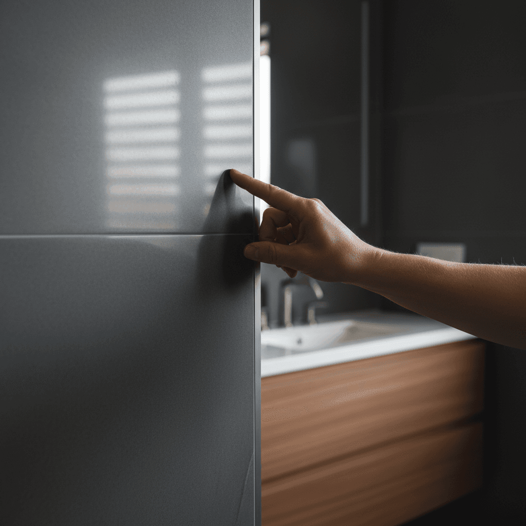 Bathroom vanity with dark tiles and custom gray epoxy grout