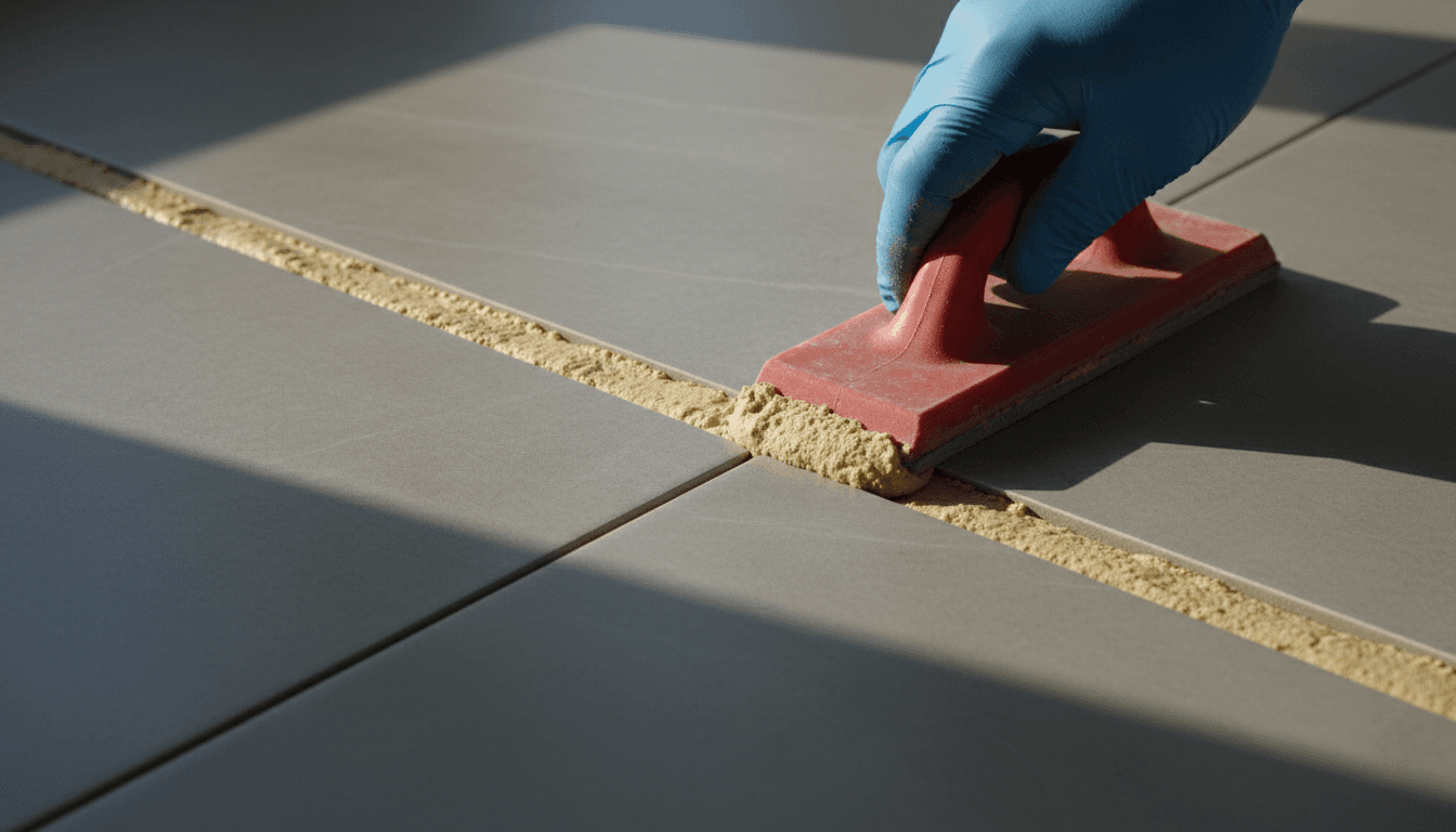 Close-up of epoxy grout application between tiles with professional precision