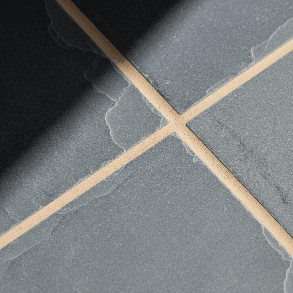 Cream epoxy grout with slate tiles showing color contrast and finish quality