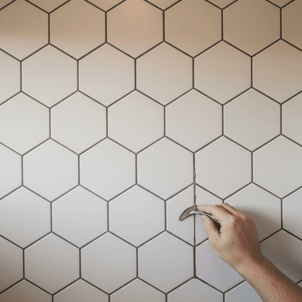 Shower wall with white hexagonal tiles and gray epoxy grout being finished