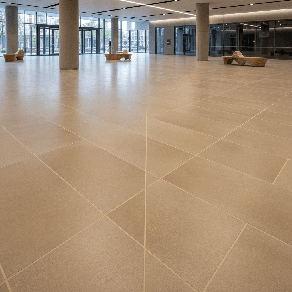 Commercial lobby with custom-matched epoxy grout on large format tiles