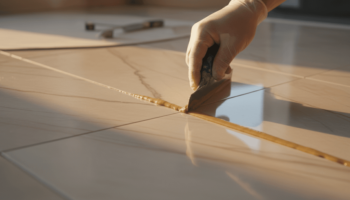 Specialist applying premium epoxy grout between tiles with precision