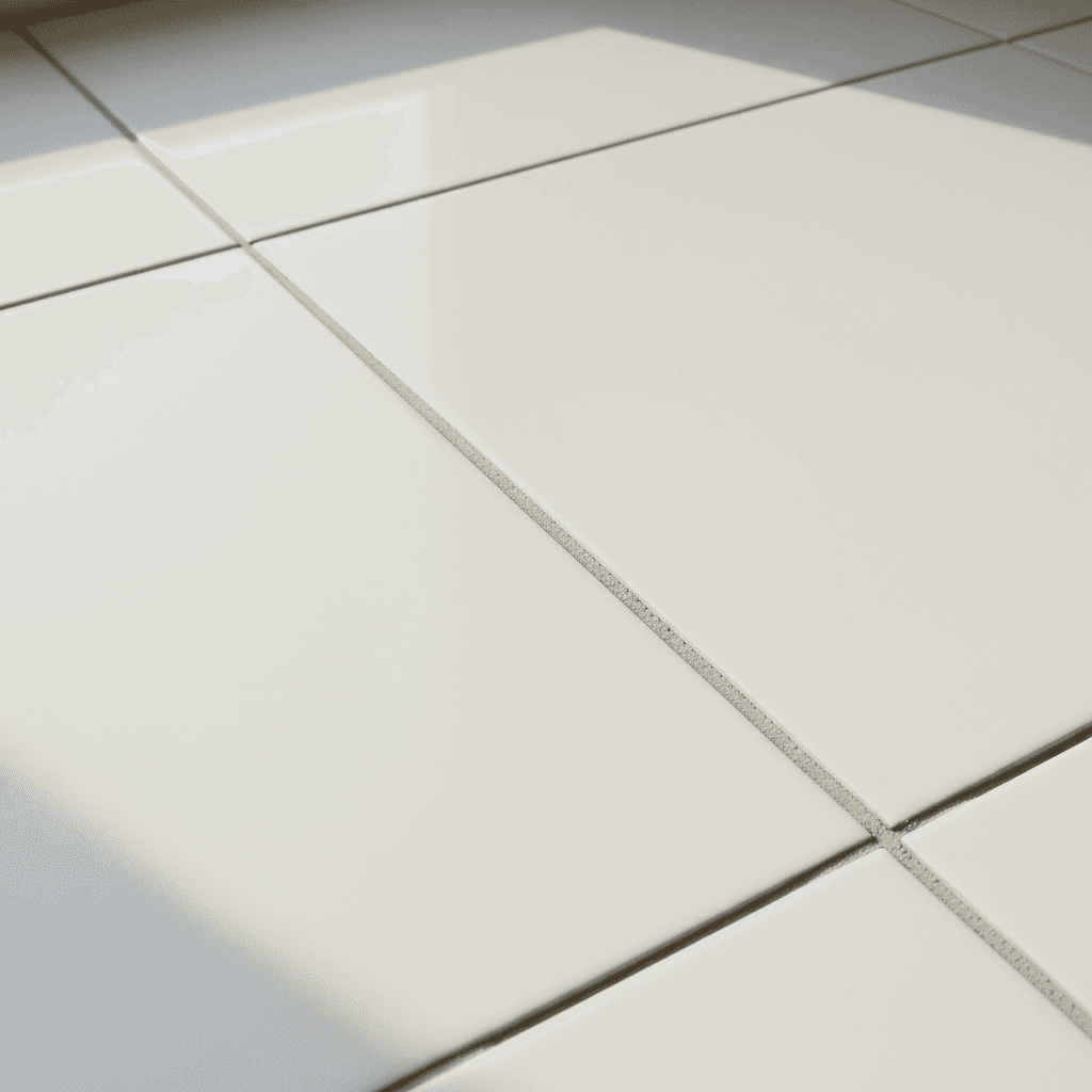 Close-up of precision epoxy grout lines between white tiles