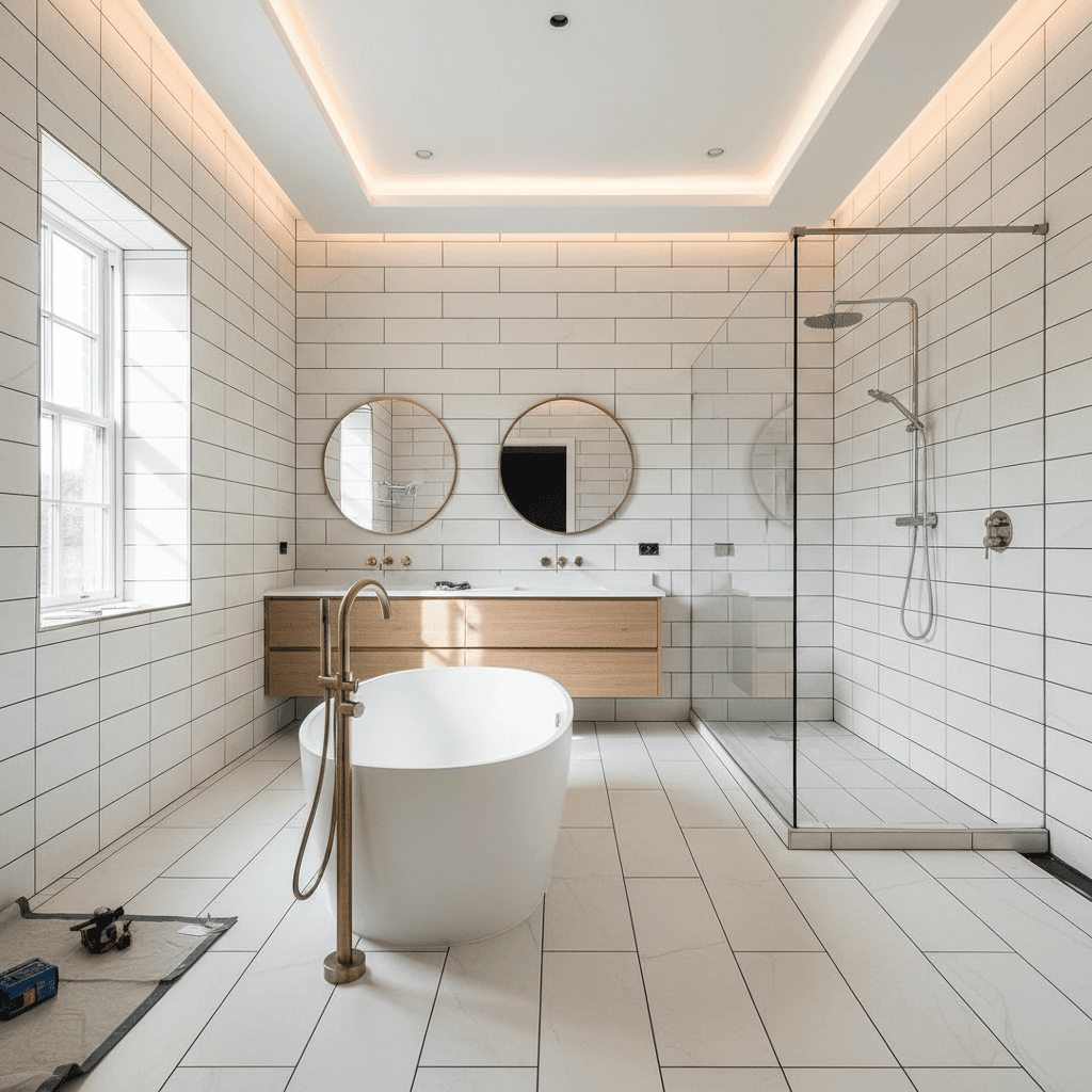 Luxury bathroom with charcoal epoxy grout between porcelain tiles