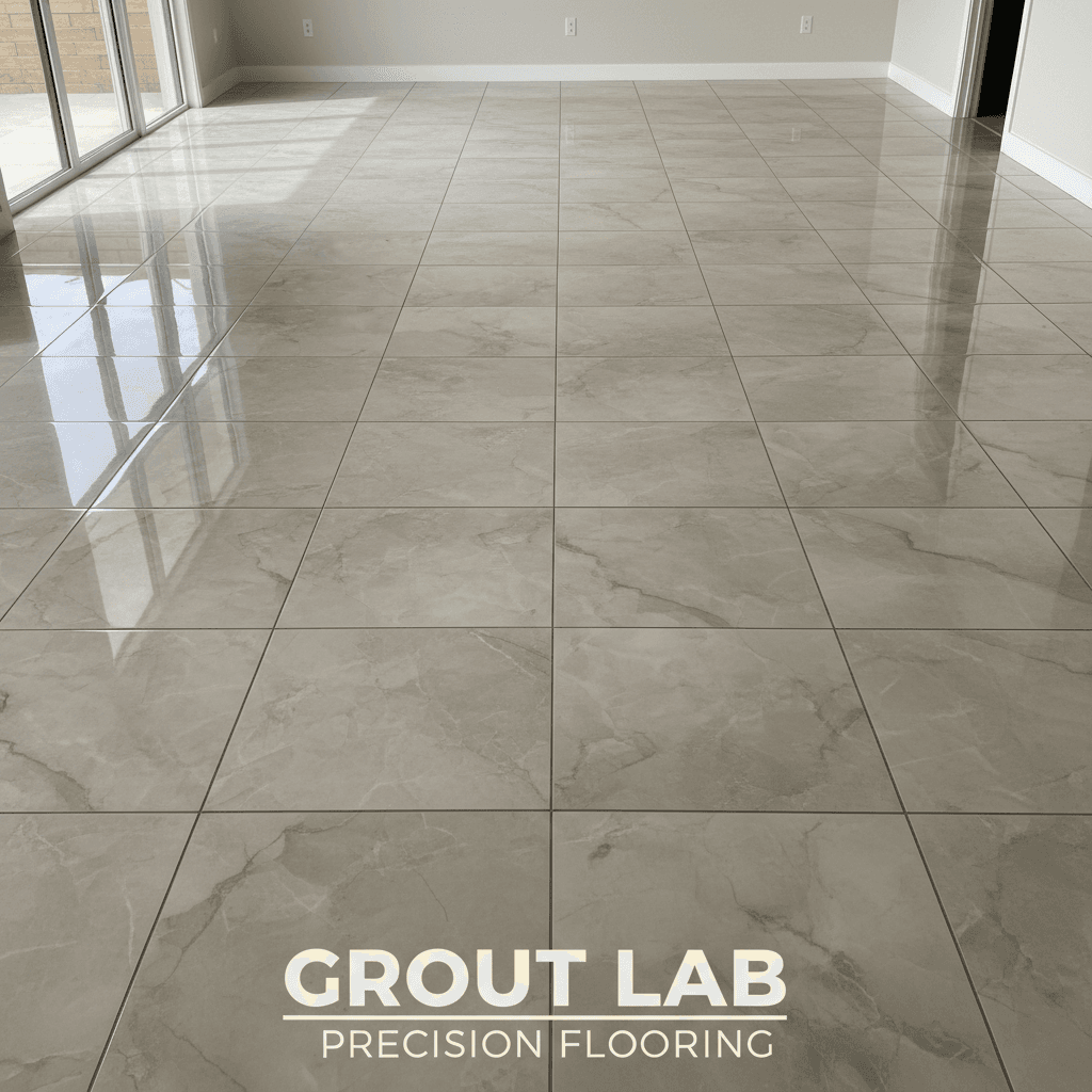 Expansive residential floor with marble-look tiles and taupe epoxy grout