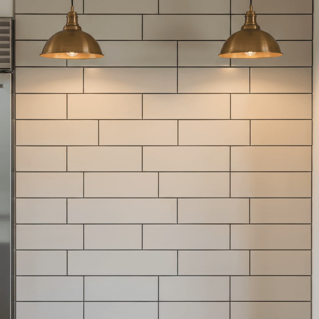 Kitchen backsplash with cream subway tiles and dark epoxy grout